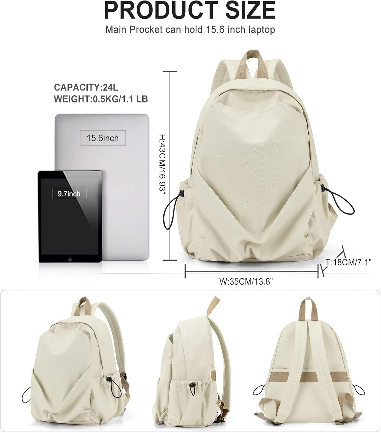 Basic High School Backpack For Women Men,Lightweight Casual Daypack Backpack For College Students,Aesthetic Middle School Bag,Cute Bookbag For Teen Girls Boys(Beige) - Image 2
